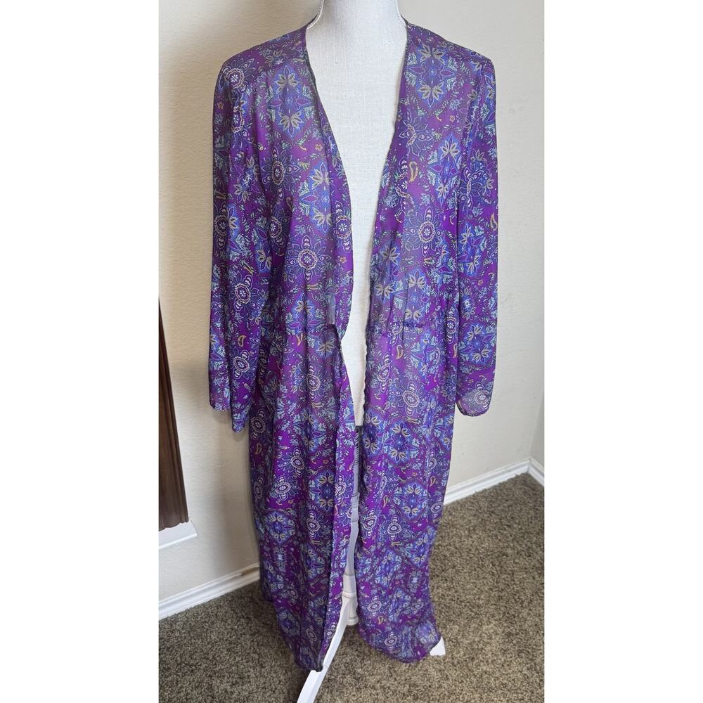 True Craft Purple Floral Kimono 2X long sheer Boho Chic Indie Whimsygoth Flowy